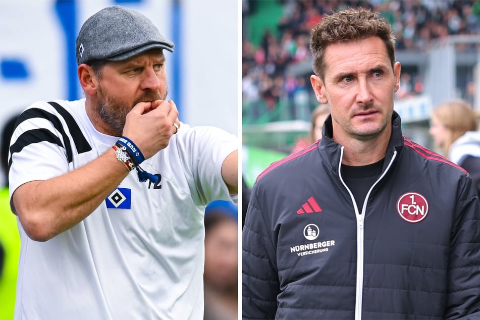 Mit HSV-Coach Steffen Baumgart (52, l.) und FCN-Trainer Miroslav Klose (46) treffen an der Seitenlinie zwei ehemalige Stürmer aufeinander.