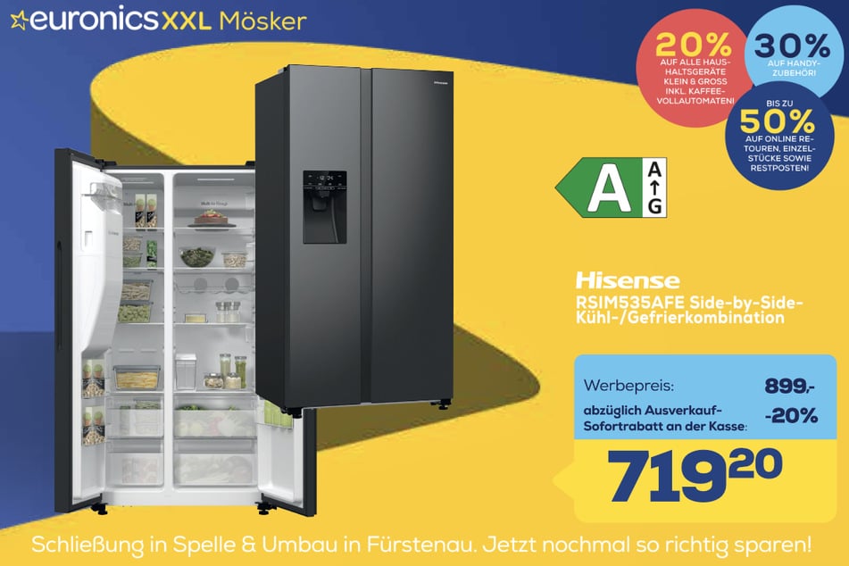 Hisense-Side-by-Side-Kühl-/Gefrierkombination RSIM535AFE für 719,20 statt 899 Euro.