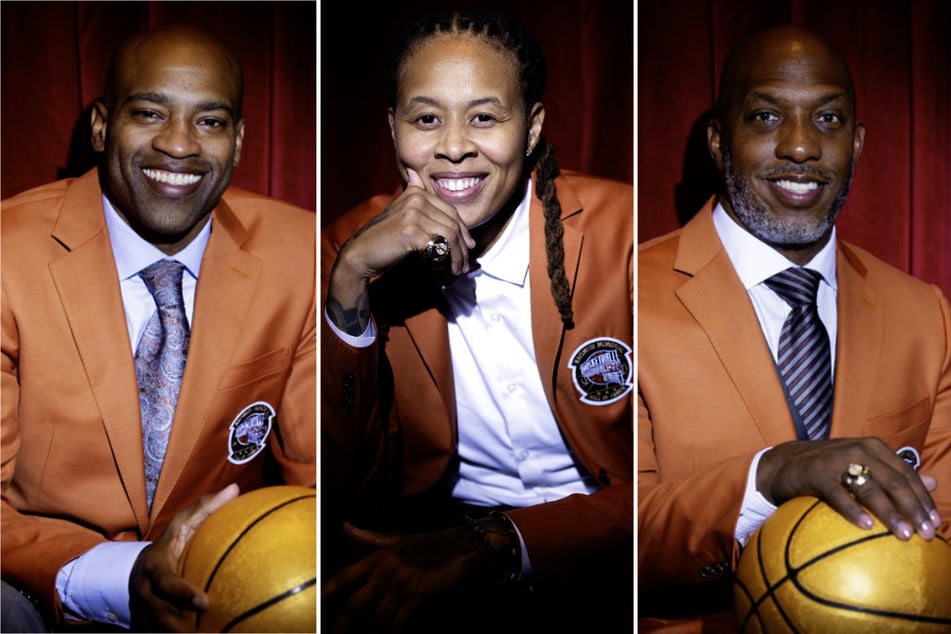 From l. to r.: Vince Carter, Seimone Augustus, and Chauncey Billups are among 13 new inductees to the Basketball Hall of Fame.