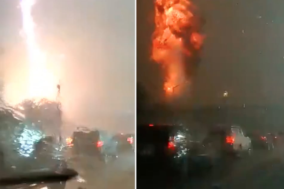 Ein gewaltiger Blitz schlug in einen Strommast ein, woraufhin ein Feuerball in den Himmel aufstieg.