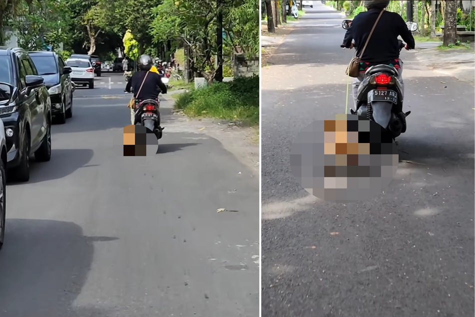 Als Mann sieht, was diese Motorradfahrerin hinter sich her schleift, zückt er sofort sein Handy
