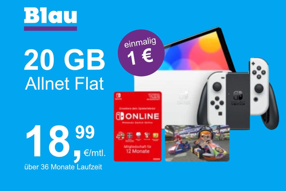 Die Nintendo Switch OLED + Mario Kart 8 im Blau Allnet M inkl. 20 GB für einmalig nur 1 Euro.