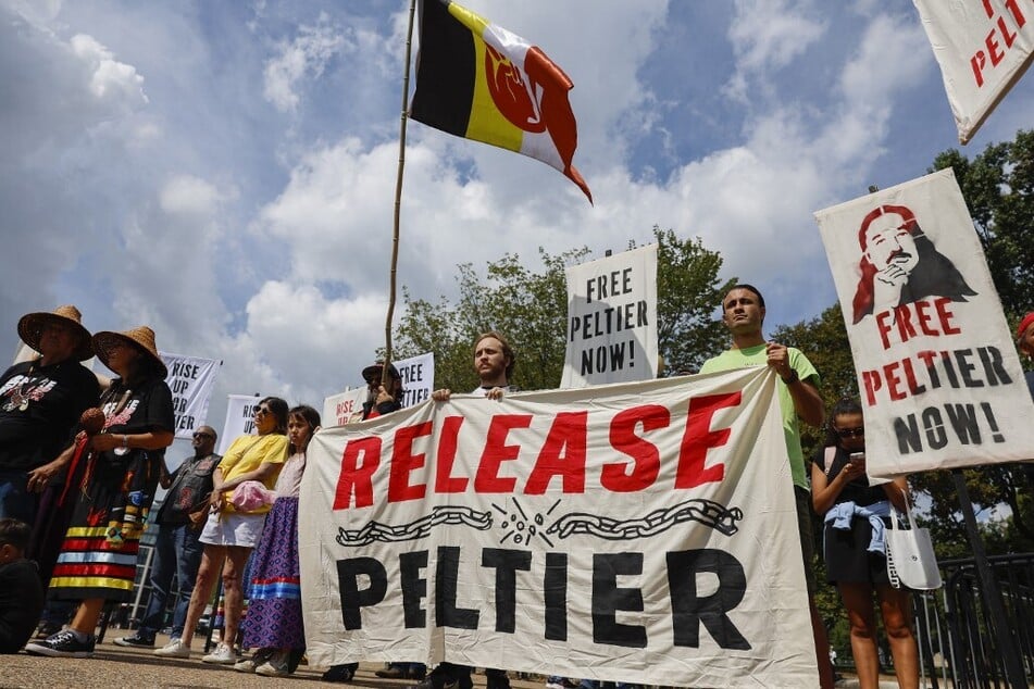 Indigenous activists and allies rally for Leonard Peltier's release outside the White House in Washington DC.