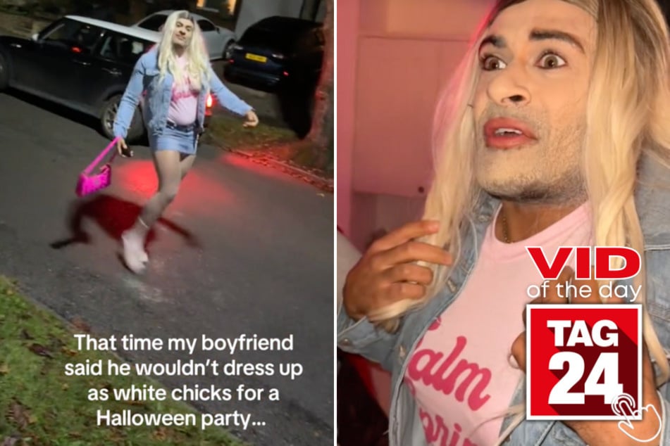 Today's Viral Video of the Day features a girl who captured her boyfriend's hilarious Halloween costume moment at a party.