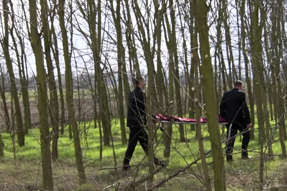 Mitarbeiter eines Bestattungsunternehmens gehen mit einer Leichentrage durch den Wald. (Archivbild)