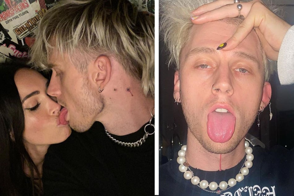 Megan Fox (l) and beau Machine Gun Kelly (r) share an intimate moment, and Machine Gun Kelly shows off his new tattoo.