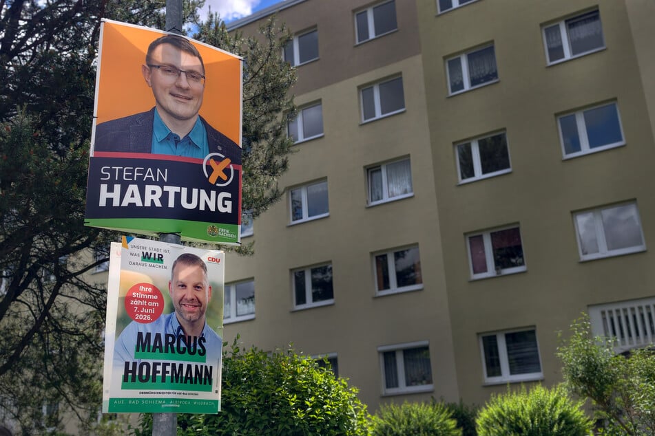 Duo im Rennen um den OB-Posten in Aue: Stefan Hartung (37, "Freie Sachsen") und Marcus Hoffmann (41, CDU).