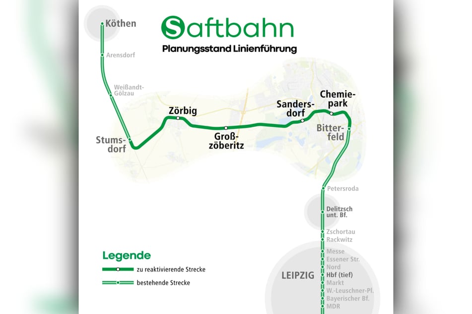 So könnte die Streckenführung der Saftbahn zwischen Bitterfeld und Stumsdorf aussehen.