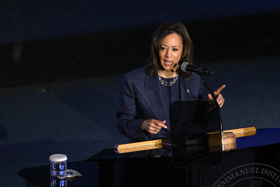 Vice President Kamala Harris delivers remarks at a church service at Greater Emmanuel Institutional Church of God in Christ on Sunday in Detroit, Michigan.