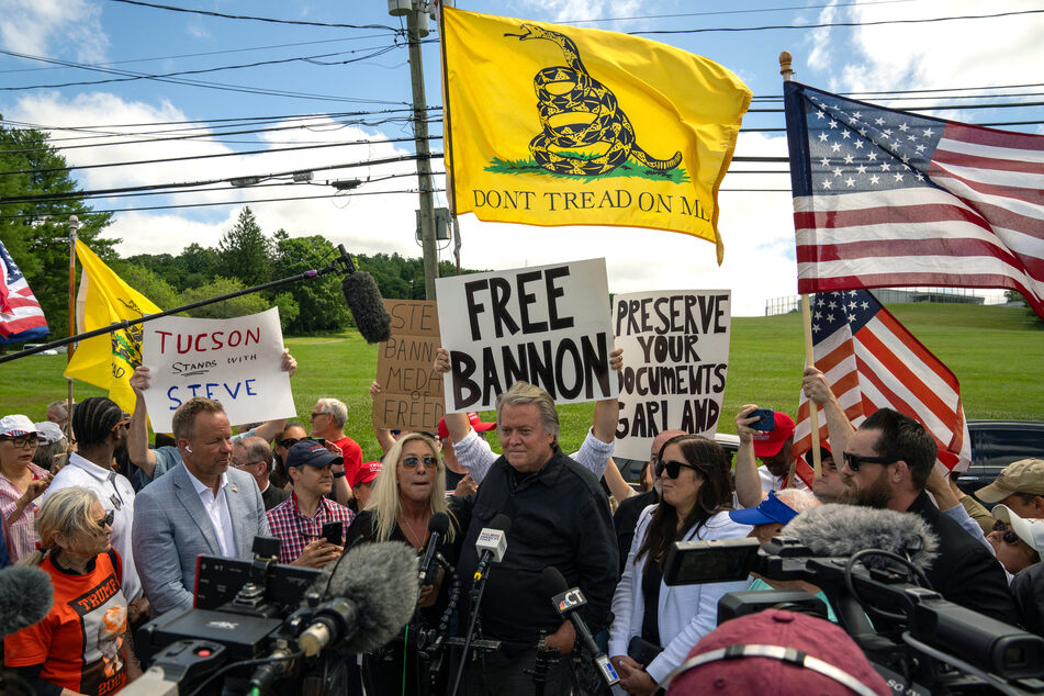 Steve Bannon delivering a press conference outside the Federal Correctional Institution in Danbury, Connecticut, on July 1.