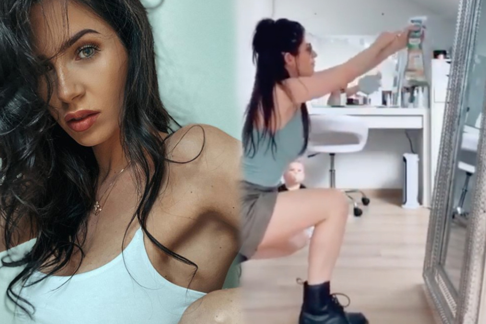 Influencerin Isabel Kraus (30) kämpft als Lara Croft gegen die Flecken auf dem Spiegel. (Fotomontage)