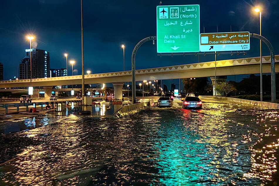 Dubai's highways were severely flooded after the United Arab Emirates experienced record levels of rainfall on Tuesday.