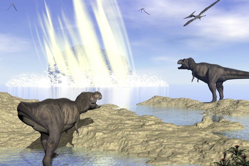 All illustration depicts Tyrannosaurus rex and pteranodons watching a meteorite impact in Yucatan, Mexico, that created Chicxulub crater and induced the end of dinosaurs.