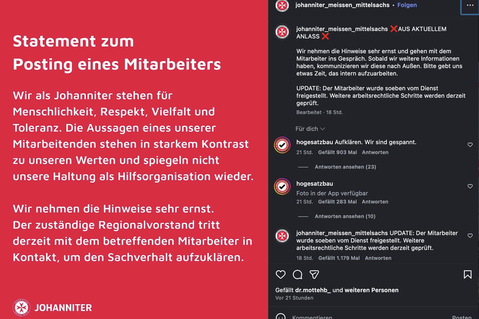 Auf Instagram haben die Johanniter ein Statement zu dem Posting des Mitarbeiters veröffentlicht.