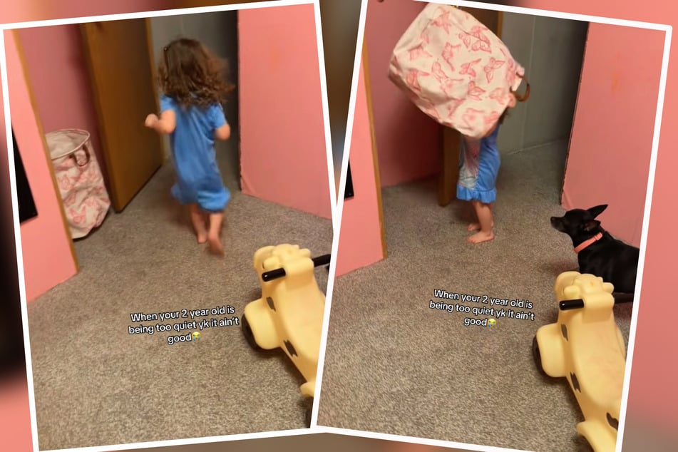 Um einer Schimpftirade zu entgehen, flüchtet die Zweijährige unter einen Wäschekorb.