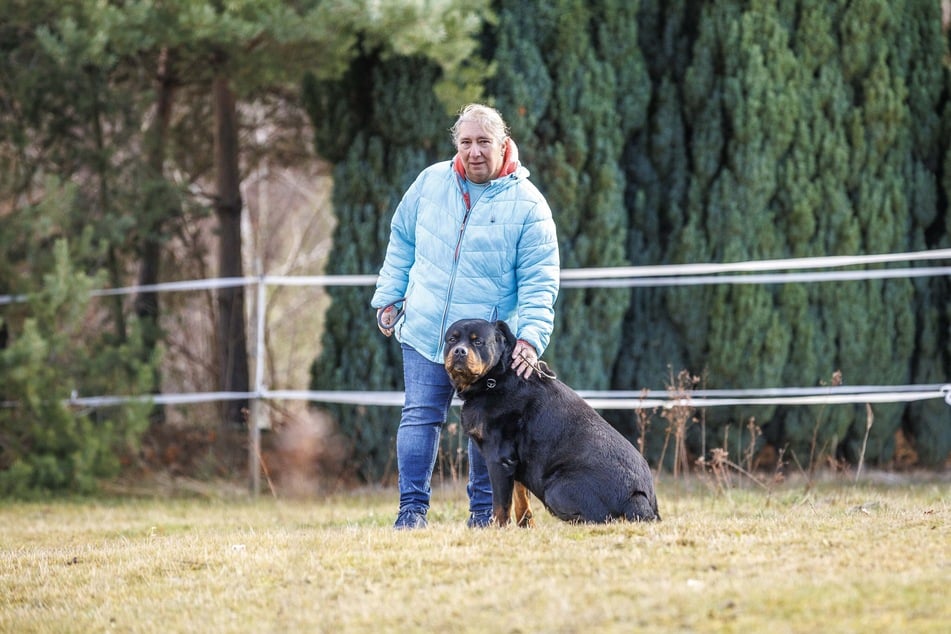 Ein seltenes Bild auf der Koppel: Hundehalterin Ramona Schäfer (58) mit ihrem Rottweiler-Rüden.