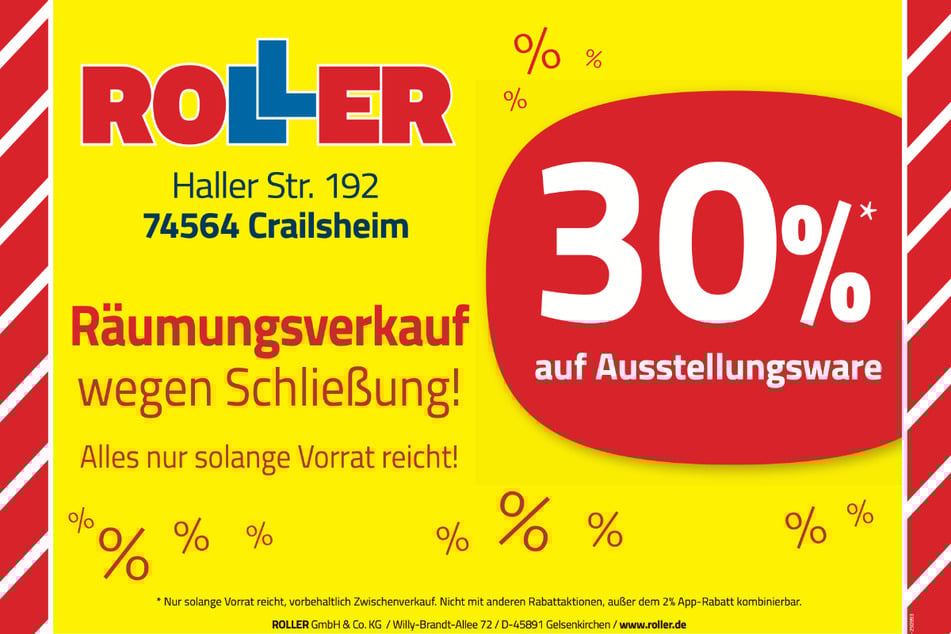 Während des Räumungsverkaufs bei ROLLER in Crailsheim warten jetzt 30 Prozent Nachlass beim Möbelkauf.¹
