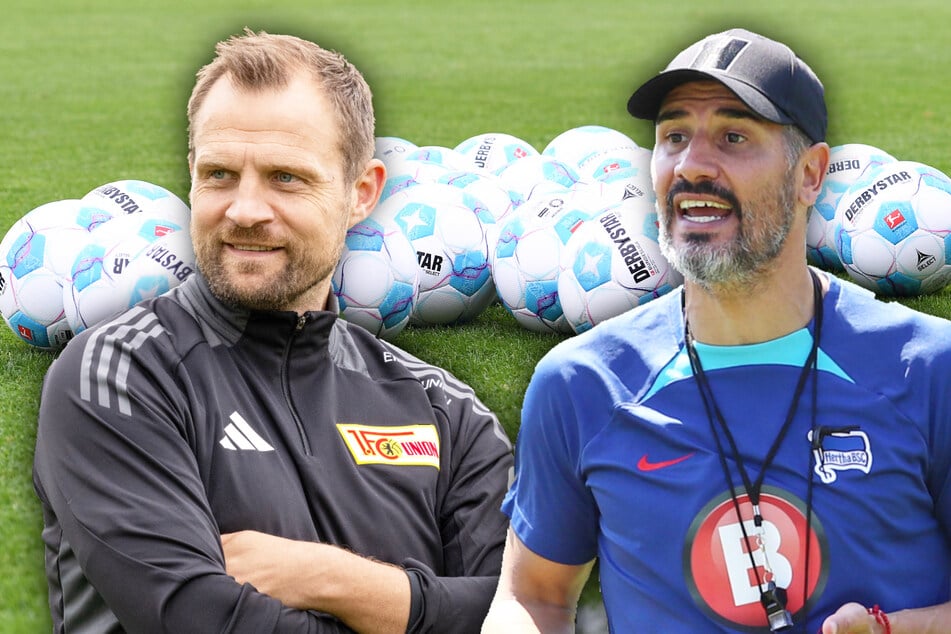 Union-Trainer Bo Svensson (44, l.) und Hertha-BSC-Coach Cristian Fiél (44).