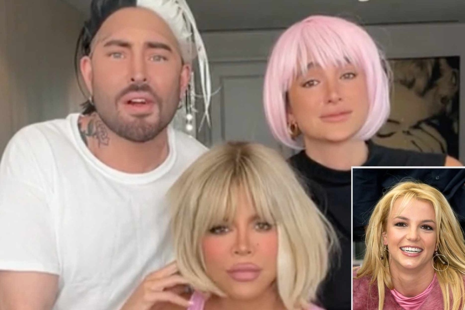Khloé Kardashian (c) impersonated Britney Spears (r) on TikTok in a remake of the pop star's infamous 2003 interview with Tucker Carlson.