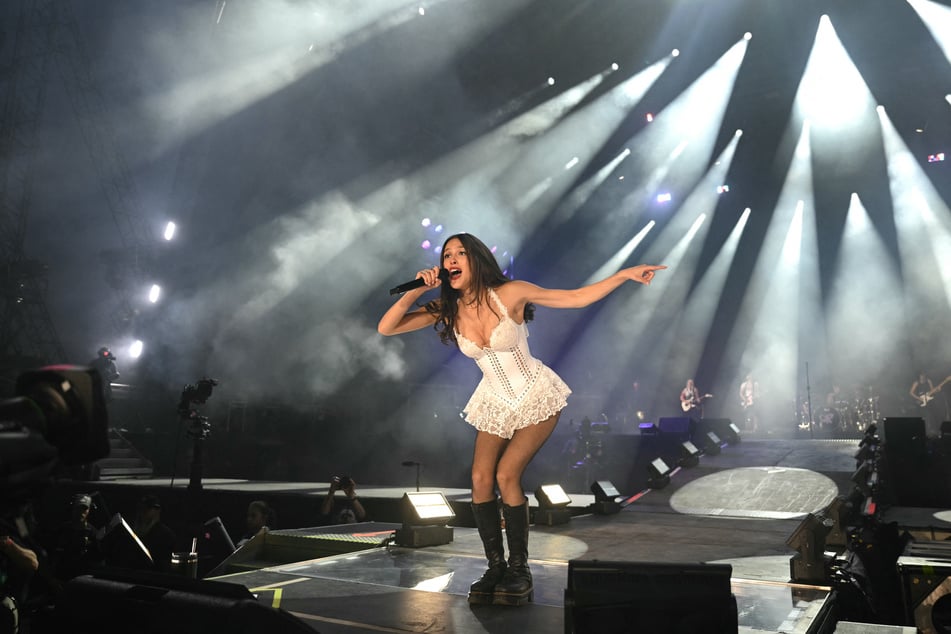 Olivia Rodrigo performs on the Pyramid Stage on the final day of the Glastonbury festival at Worthy Farm in the village of Pilton in Somerset, south-west England, on June 29, 2025.