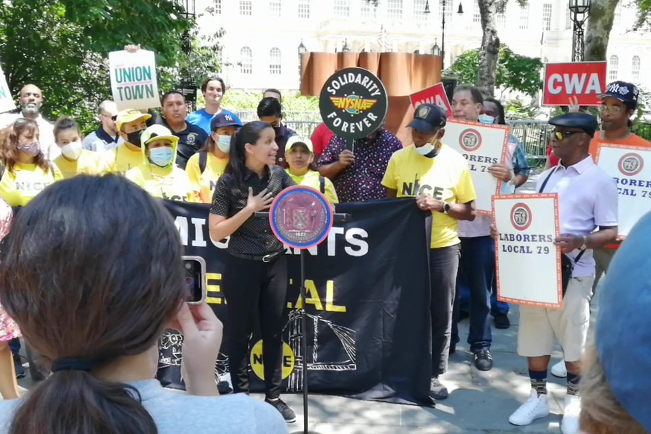 Council Member Tiffany Cabán speaking during the rally on Thursday.