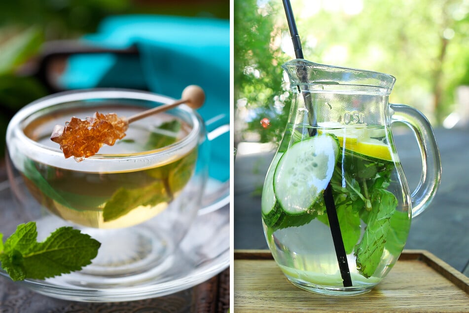 Wer kein Fan von Tee im Sommer ist, kann sein Wasser mit Minze, ein paar Zitronen- und Gurkenscheiben aufpeppen. Der perfekte Frischekick!