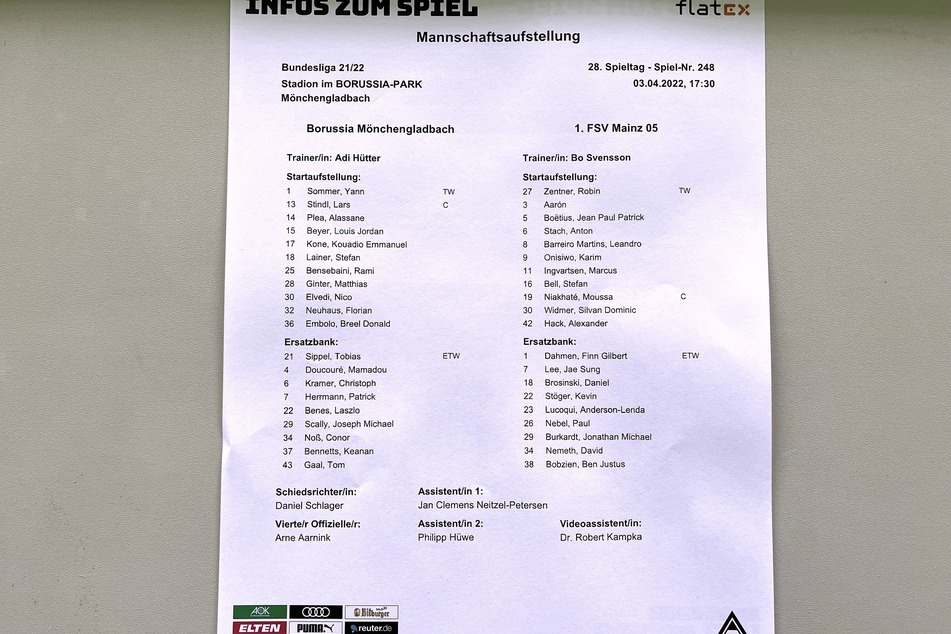 Abschlussbegegnung des 28. Spieltages: Mit diesen Mannschaftsaufstellungen starteten Borussia Mönchengladbach und der 1. FSV Mainz 05 in die Partie.