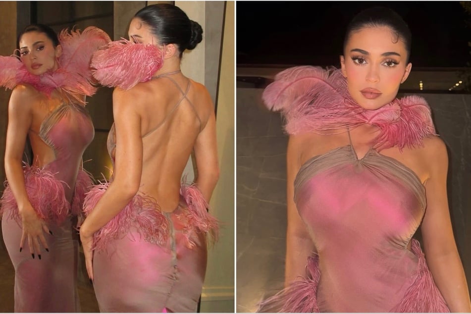 Kylie Jenner stunned in a head-turning gown for her Kylie Cosmetics Christmas party.