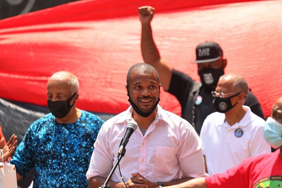 New York state Senator Jabari Brisport speaks during a rally for reparations at the African Burial Ground National Monument in New York City.