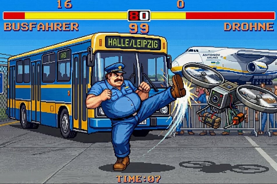 Busfahrer gegen Drohne - eine KI-generierte Satire in Computerspiel-Optik.