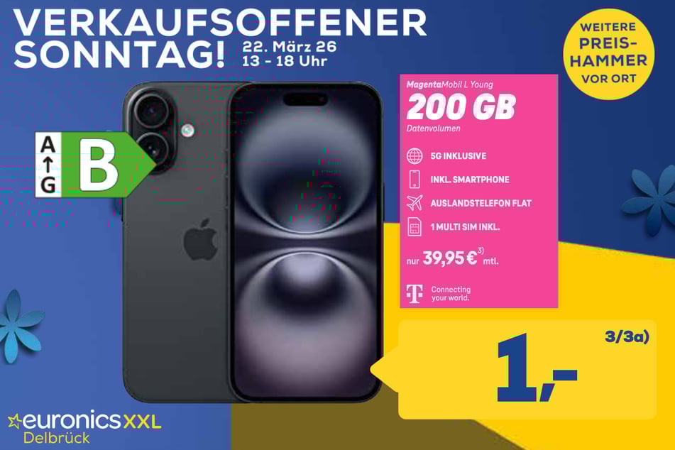 Apple iPhone 16 (128 GB) für 1 Euro im Telekom-Vertrag "MagentaMobil L Young" für 39,95 Euro/Monat.