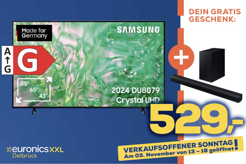 55-Zoll Samsung-Fernseher für 529 Euro + Soundbar und Subwoofer geschenkt.