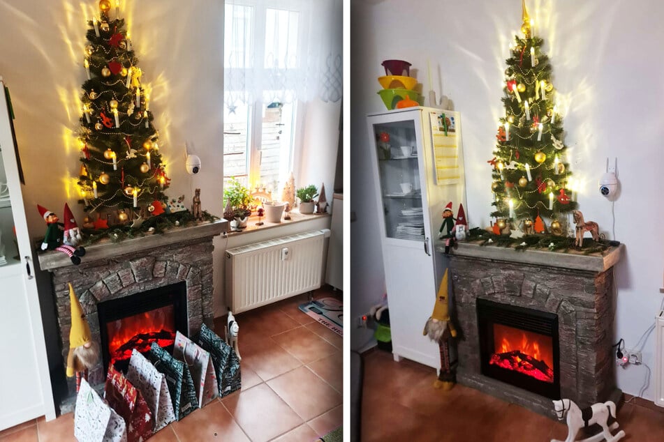 Kamin, halber Baum an der Wand, ein paar Geschenke davor und Überwachungskamera: So sieht's in Baumanns Küche aus.