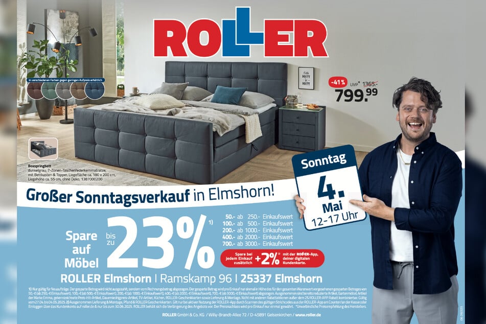 Zum verkaufsoffenen Sonntag (4.5.) bei ROLLER in Elmshorn bekommt Ihr Boxspringbetten 41 Prozent günstiger.