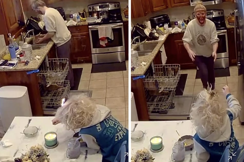 Es sollte ein paar Sekunden dauern, ehe die Mutter das Unglück auf dem Kopf ihres Kindes bemerkt. Der Junge blieb unverletzt.