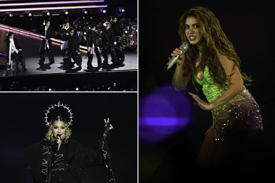 BTS (top l.), Madonna (bottom l.), and Shakira have been announced as performers during the 2026 World Cup final halftime show.