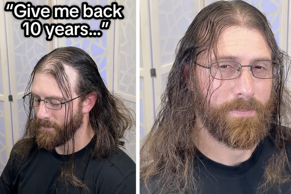 Der Kunde von Friseur Diego Avila kam mit ziemlich langen Haaren, die sein Gesicht verdeckten, in den Salon.