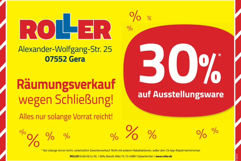 Während des Räumungsverkaufs bei ROLLER in Gera erhalten Kunden 30 Prozent Rabatt¹ auf Möbel.