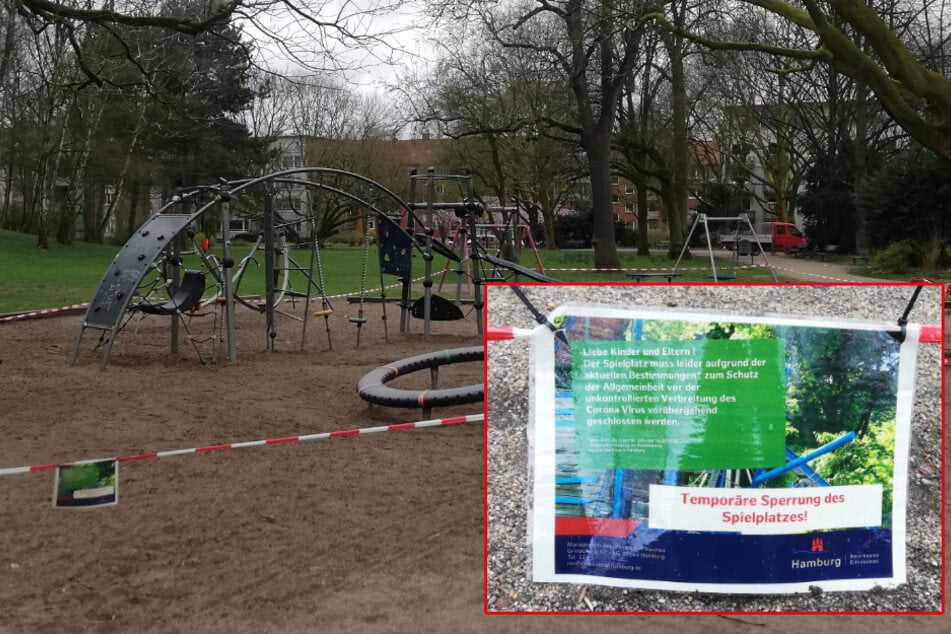 Ein Schild weist auf die Sperrung eines Kinderspielplatzes hin.