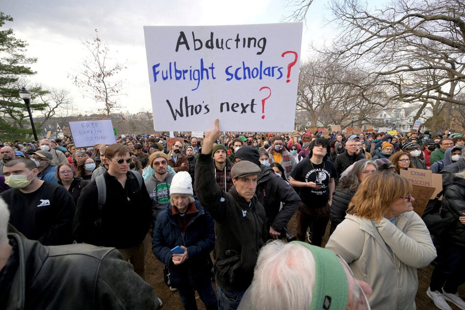 Demonstrators take part in an emergency rally demanding the release of Rümeysa Öztürk in Somerville, Massachusetts.