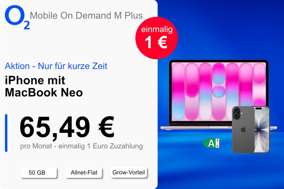 Das iPhone 17 mit MacBook Neo und 50 GB Daten für einmalig nur 1 Euro bei o2.