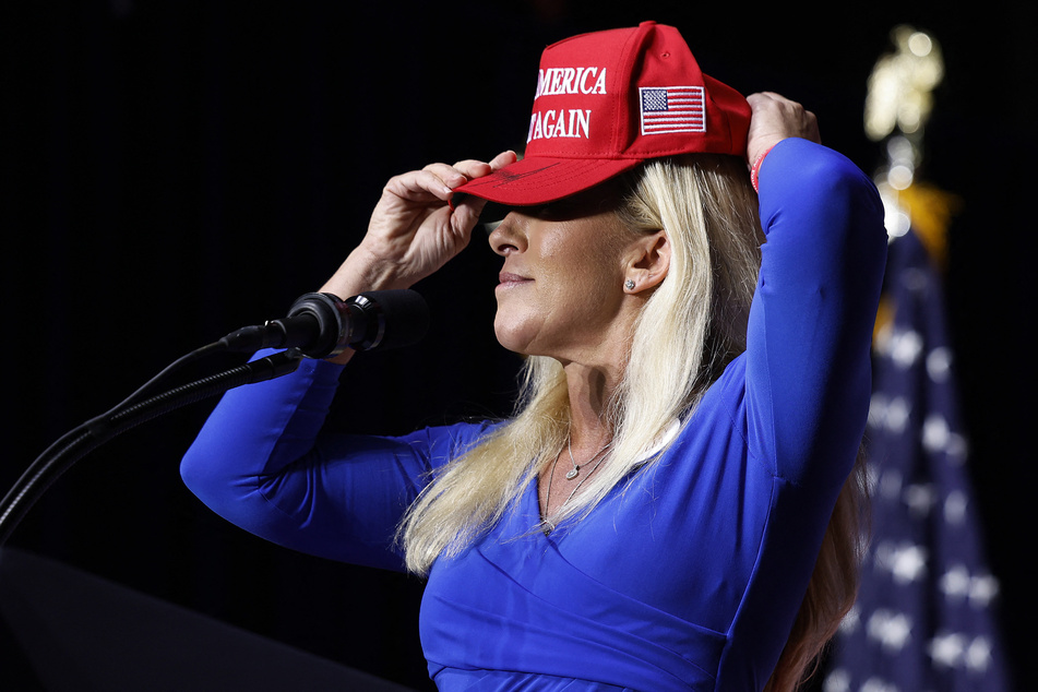 Marjorie Taylor Greene donning a Make America Great Again hat while speaking at a campaign rally for Donald Trump in Rome, Georgia on March 09, 2024.