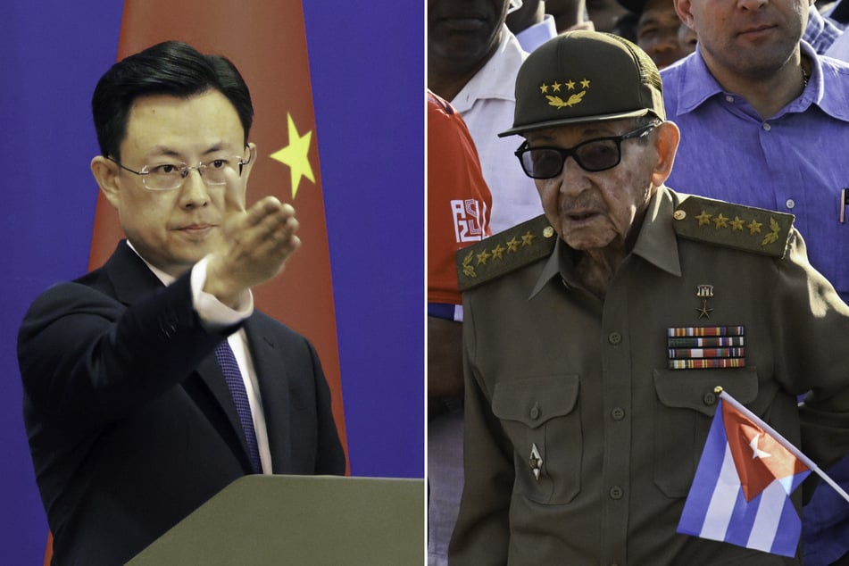 After the Trump administration's indictment of former Cuban leader Raul Castro (r.), Chinese foreign ministry spokesperson Guo Jiakun (l.) urged the US to stop threatening and punishing the island.