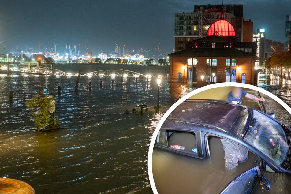 Hamburg: Sturmflut überschwemmt Fischmarkt: Feuerwehr rettet Frau von Autodach