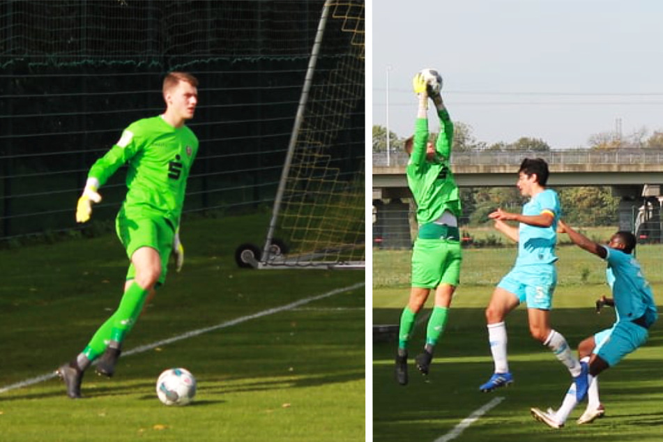 Jannis Maul (18, l. und 2.v.l.), hier für Dynamo Dresdens U19 im DFB-Pokal der A-Junioren am 3. Oktober 2020 gegen den VfL Wolfsburg (2:3) am Ball, spielte von 2019 bis 2022 für die Nachwuchsteams der SGD.