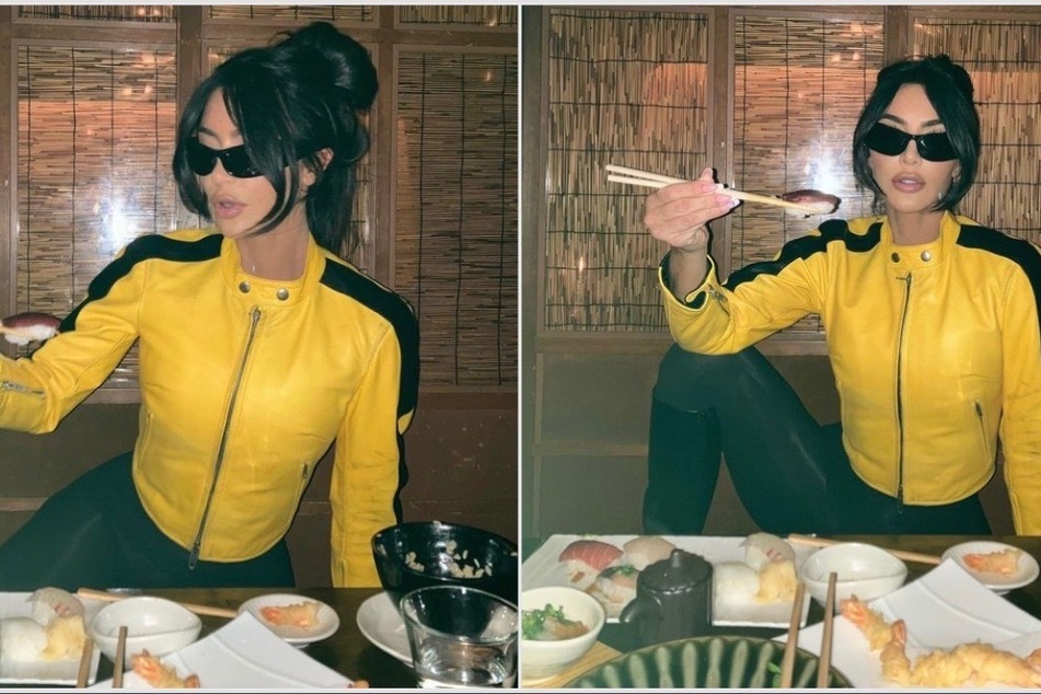 Kim Kardashian is looking for her enemies while eating sushi in a Kill Bill-inspired outfit.