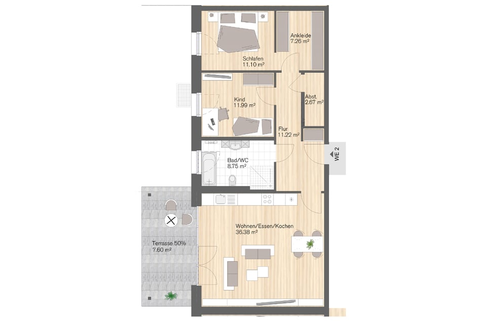 Wohneinheit 2: 3-Raum-Wohnung mit Terrasse, 97 m² Wohnfläche