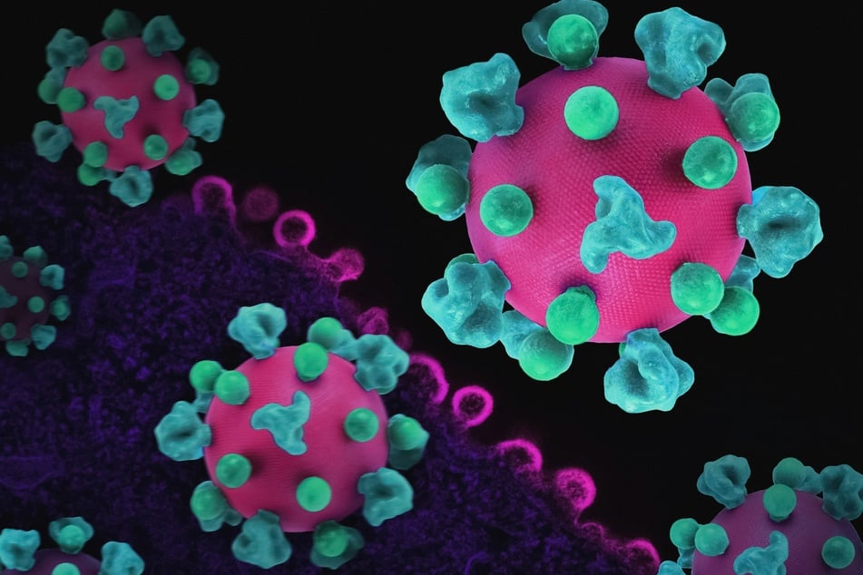 HIV Virus Layout featuring colorized 3D prints of HIV virus particles (pink with teal surface proteins) and a background image that is a colorized transmission electron micrograph of HIV virus particles (pink) budding and replicating from an H9 T cell (purple).