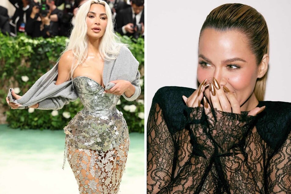 Khloé Kardashian (r.) is freaking out with the rest of us after seeing her sister Kim Kardashian's (l.) viral – and bonkers – Met Gala 2024 corset look!