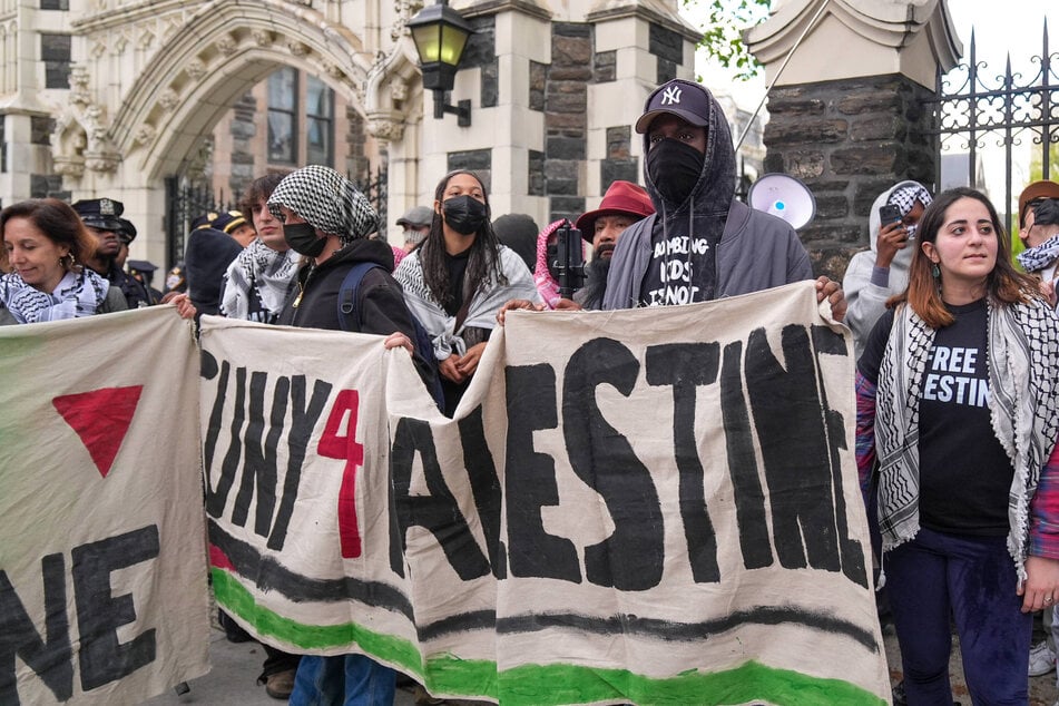 Pro-Palestinian demonstrators march from Columbia University to City College of New York on the second anniversary of the Hind's Hall occupation on April 30, 2026.